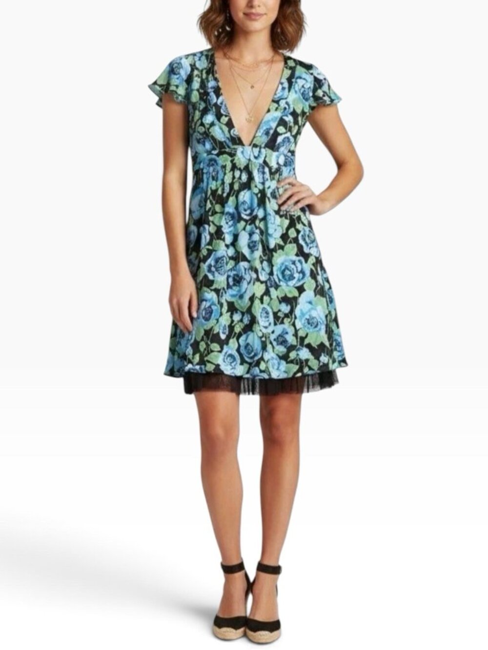 Free People Size 12 Blue Floral Silk Flutter Sleeve V-Neck Coquette Mini Dress